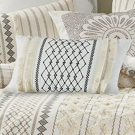 INK+IVY Bea Oblong Embroidered Cotton Oblong Pillow with Tassels - Ivory