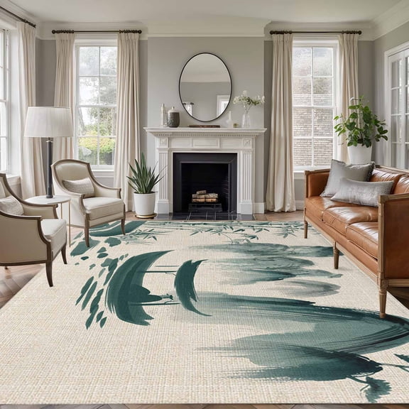 Ink Landscape 8'x10' Large Area Rug for Living Room Sectional Sofa, Watercolor Chinese Style Mountain Ship Non Slip Low Pile Rectangle Area Rug, Machine Washable Indoor Outdoor Mat