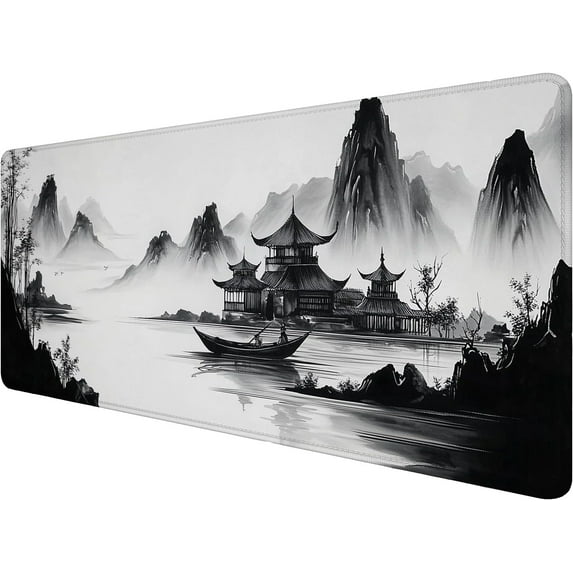 Ink Landscape Art Gaming Mouse Pad Mountains Rivers Boats Extended Mousepad Waterproof Stitched Edges Rubber Base Non-Slip Deskmap Computer Keyboard Mat 31.5x11.8 Inch