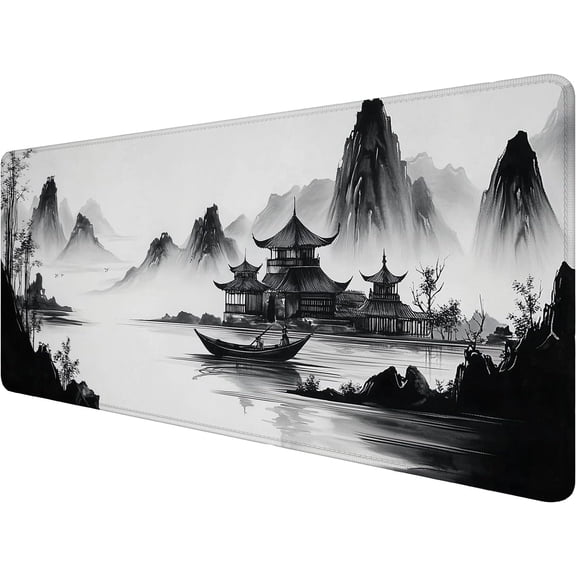 Ink Landscape Art Gaming Mouse Pad Mountains Rivers Boats Extended Mousepad Waterproof Stitched Edges Rubber Base Non-Slip Deskmap Computer Keyboard Mat 31.5x11.8 Inch