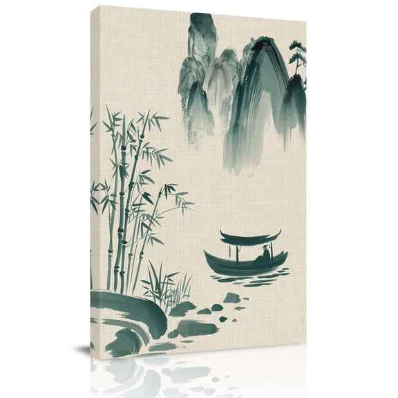 Ink Landscape Canvas Wall Art for Living Room, Watercolor Chinese Style Mountain Ship Wall Decor Framed Artwork Pictures Ready to Hang for Bedroom Office Home Decor