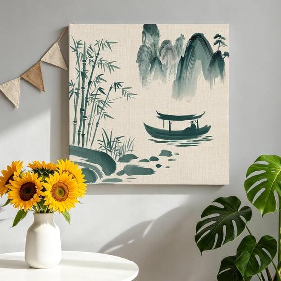 Ink Landscape Canvas Wall Art, Watercolor Chinese Style Mountain Ship Pictures Wall Decor Wooden Framed Artwork Art Prints for Living Room Hallway Bedroom Office 8"x8"