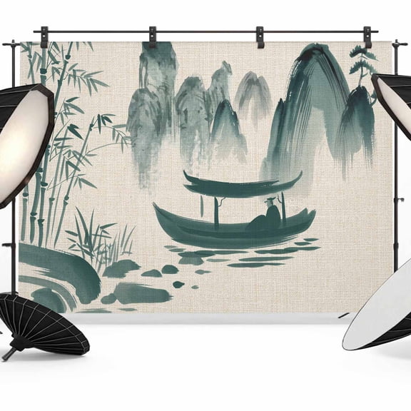 Ink Landscape Photography Backdrop 7x5FT, Watercolor Chinese Style Mountain Ship Photo Backdrops, Background for Photography Studio Photo Studio Background, Back Drop for Photoshoot