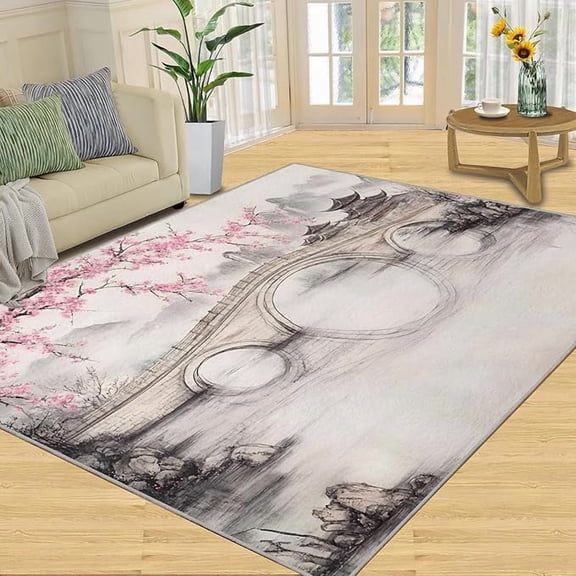 Ink Landscape Rug, Rugs for Bathroom, Pink Flower Rug - Home Decor, Stone Arch Bridge Area Rug, Ancient Trees Rugs for Bedroom, Chinese Pavilion Carpet, Fashion Mat 5 x 6ft