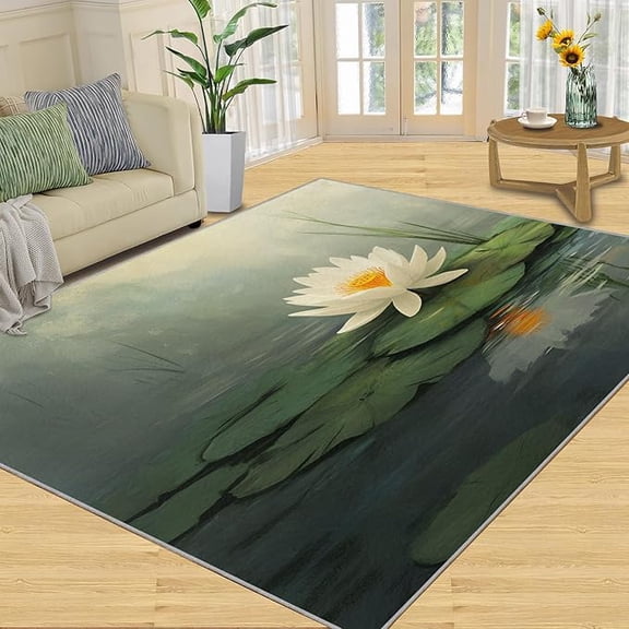 Ink Lotus Rugs for Bedroom, Zen Lotus Area Rug, Floral Print Rugs for Living Room, Indoor Non-Slip Rug, Machine Washable Carpet for Front Entrance Floor Decor 5 x 6ft
