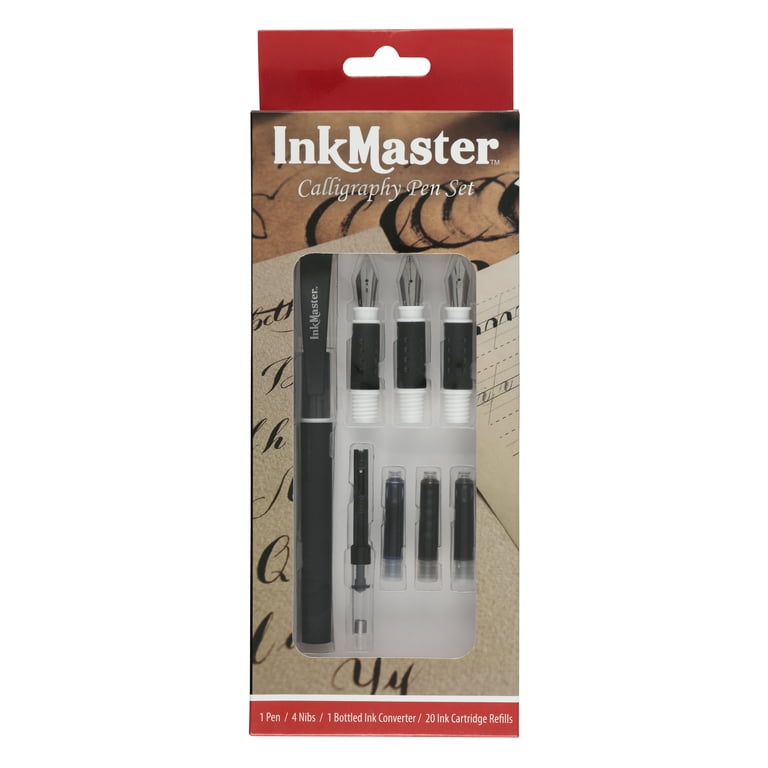 Ink Master Calligraphy Set Fountain Pens 4 Different Size Nibs and 20 Assorted Ink Cartridges Plus One Bottled Ink Converter - Complete Easy