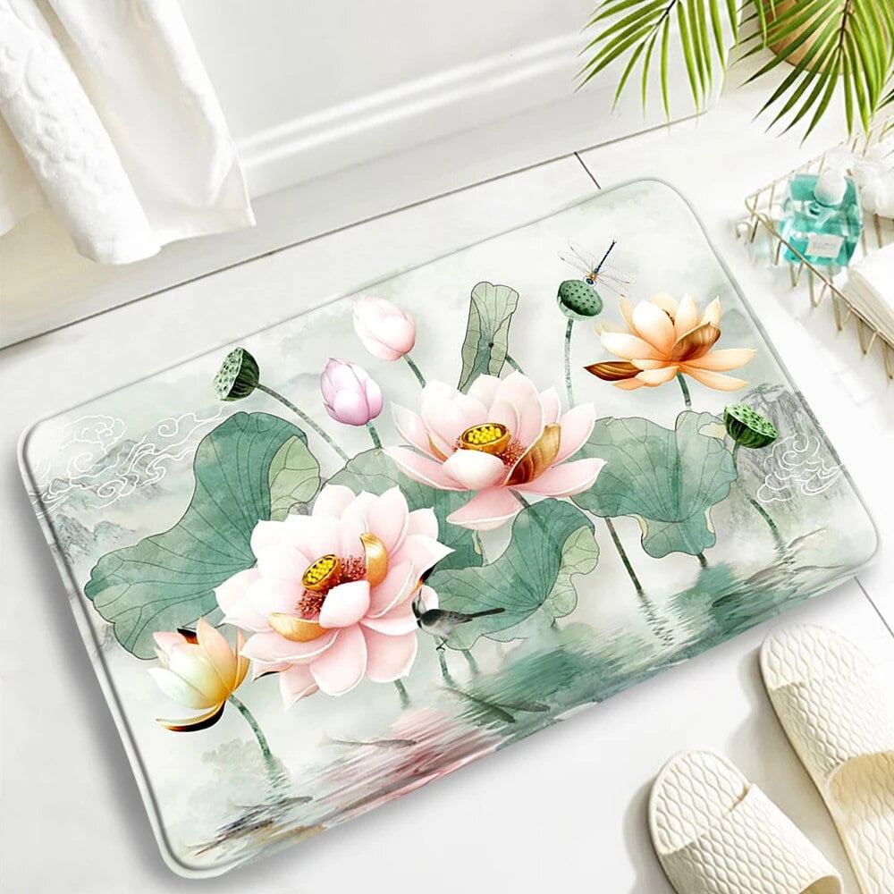Ink Mountain Bamboo Bath Mat Set Carp Palm Tree Anchor Lotus Leaves ...