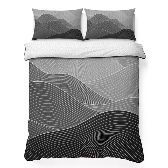Ink Mountain Ridges 3 Piece Quilt Bedding Set with 2 Pillow Shams, Ash Gray Ombre Line Mountains Abstract Minimalist Lightweight Bedspread Coverlet, Soft Breathable All Season Quilt, 96 x 106 Inch