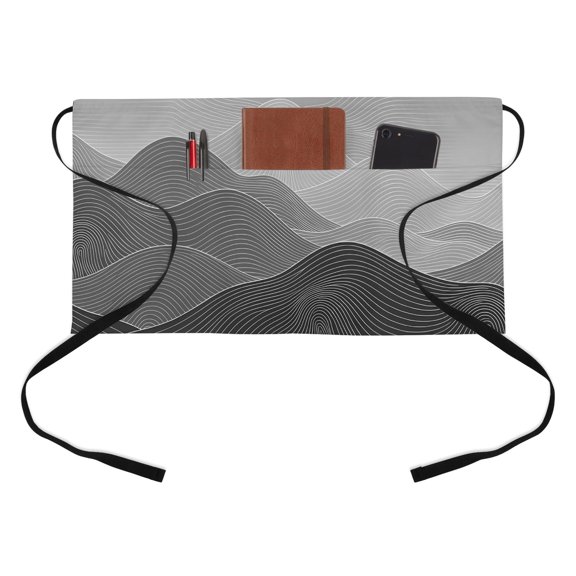 Ink Mountain Ridges Kitchen Restaurant Half Waist Apron, Ash Gray Ombre Line Mountains Abstract Minimalist Server Short Apron with 3 Pockets Waterproof Oil Waist Aprons for Women Waitress Waiter