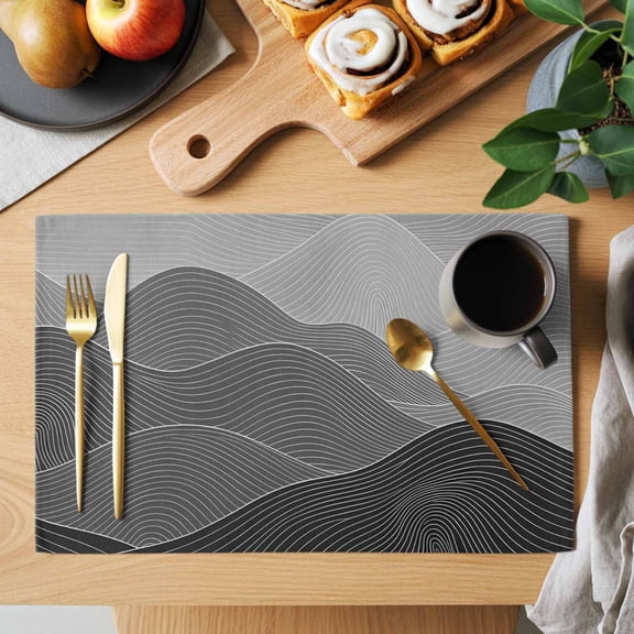 Ink Mountain Ridges Placemats Set of 2, Ash Gray Ombre Line Mountains Abstract Minimalist Heat Insulated Linen Place Mats, Washable Stain-Proof Table Mats for Dining Tables Holiday Decor 13x19 Inches