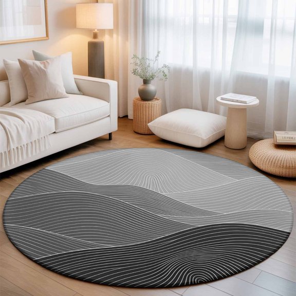 Ink Mountain Ridges Small Round Rug 3Ft Ash Gray Ombre Line Mountains Abstract Minimalist Area Rugs Washable Non Slip Indoor Floor Mats Circle Carpet for Living Room Bedroom Dining Room Home Decor