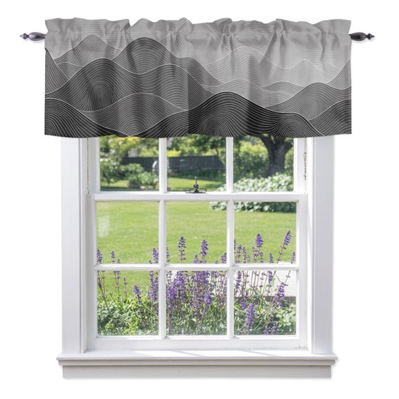 Ink Mountain Ridges Valances for Windows, Ash Gray Ombre Line Mountains Abstract Minimalist Rod Pocket Short Window Valance Curtains Holiday Window Treatment for Kitchen Bathroom 42" x 12"