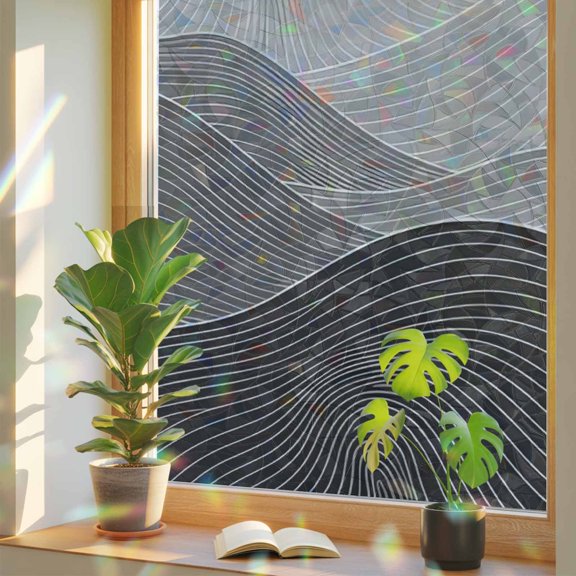 Ink Mountain Ridges Window Privacy Film, Ash Gray Ombre Line Mountains Abstract Minimalist Stained Glass Rainbow Film Decorative Window Clings, Static Cling Sun Blocking Stickers 17.7" x 39.3"