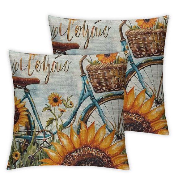 Ink Oil Painting Watercolor Blue Bicycle Bike Yellow Sunflowers Enjoy The Ride Decorative Throw Pillow Cover Case Home Living Room Bed Sofa Car Square