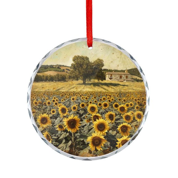 Ink Oil Painting Watercolor Orange Sunflowers Green Leaves Summer Crystal Glass Ornament Landscape A Golden Yellow Field Christmas Tree Glass Ornament Holiday Ornaments Decoration for Home