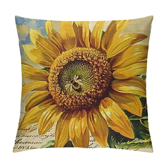 Ink Oil Painting Watercolor Orange Sunflowers Honeybees Bees Summer Decorative Throw Pillow Cover Case Home Living Room Bed Sofa Car