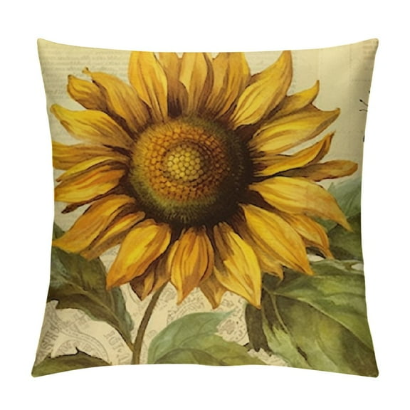 Ink Oil Painting Watercolor Orange Sunflowers Honeybees Bees Summer Decorative Throw Pillow Cover Case Home Living Room Bed Sofa Car