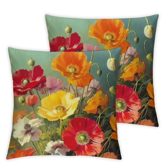 Ink Oil Painting Watercolor Pink Yellow Poppy Flowers Green Buds Decorative Throw Pillow Cover Case Home Living Room Bed Sofa Car