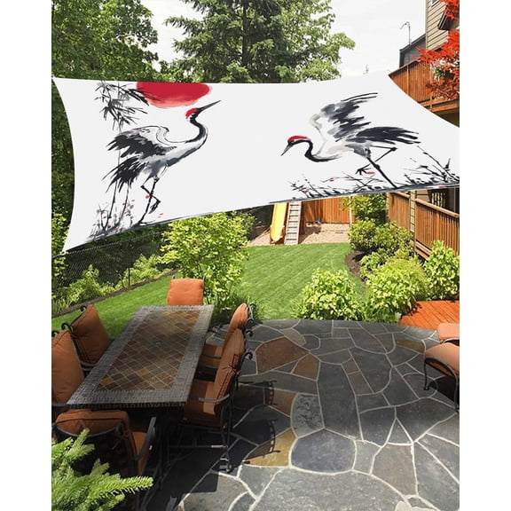 Ink Painting Crane Sun Shade Sail 6.5'X10' Sun Tree Spring White Background UV Block Outdoor Sail Shades Breathable Waterproof Rectangular Sunshade for Patio Garden Pool Pergola Porch