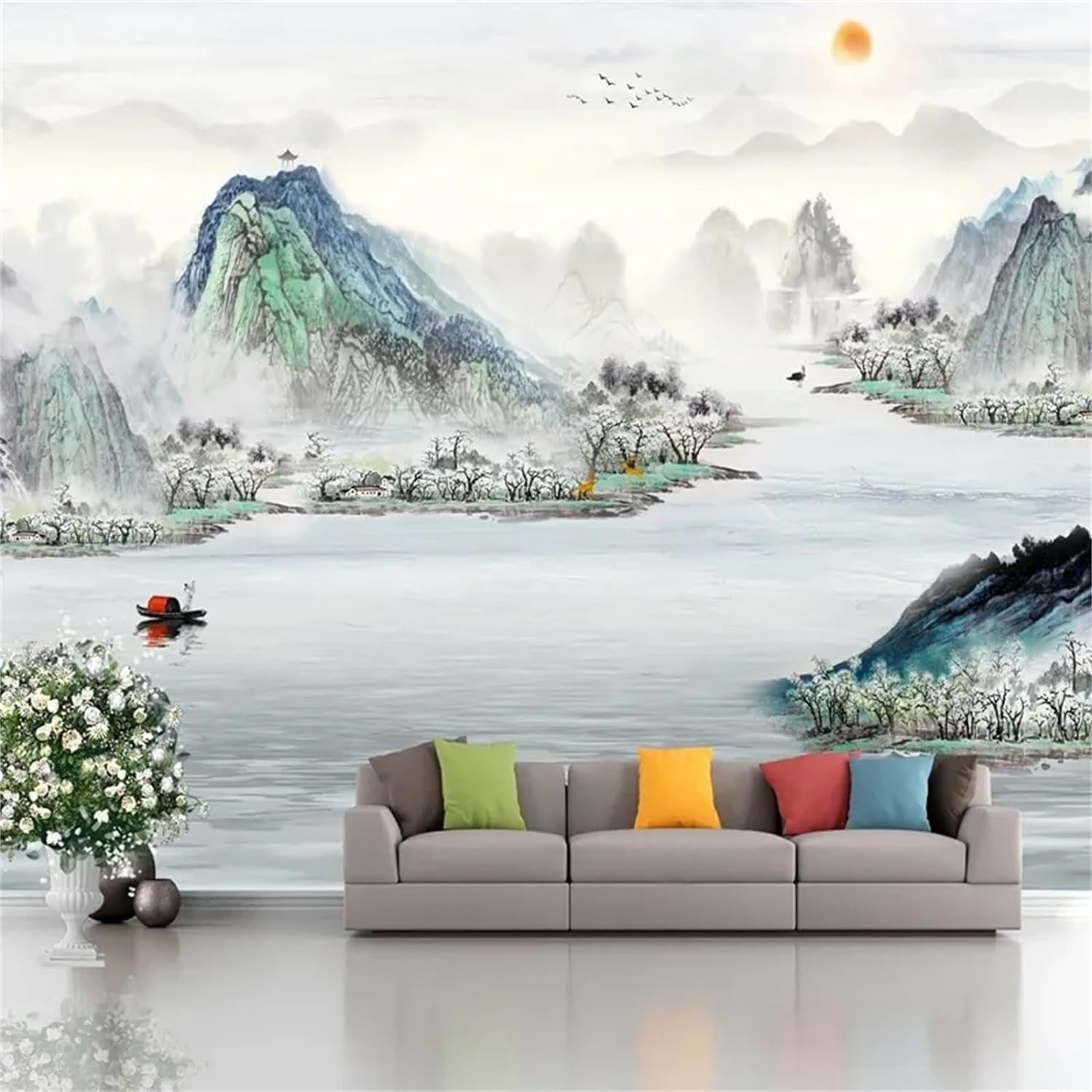 Ink Painting Nature Landscape Mountain Lake Wallpaper, Chinese