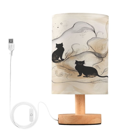 Ink Painting Style Cat Small Lamp Printed Gifts Table Lamp USB Bedside Desk Nightstand Lamp Wood Base for Bedroom Living Room Office Desk College Dorm