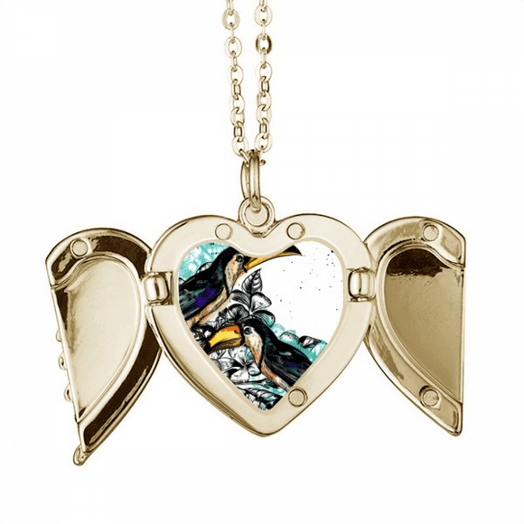 Ink Painting Toco Tropical Bird Folded Wings Peach Heart Pendant Necklace