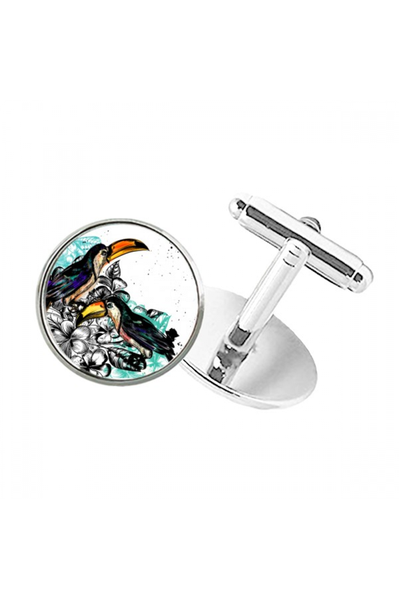 Ink Painting Toco Tropical Bird Round Button Cuff Clip Stud Cufflinks