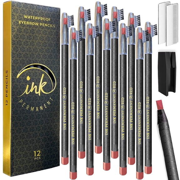 Ink Permanent Waterproof Eyebrow Mapping Pencils, Microblading and Blades Henna Applications 12 Piece Brow Mapping Peel Off Pencil Set with Shaper/Sharpener & For Marking, Filling and Outlining (Red)