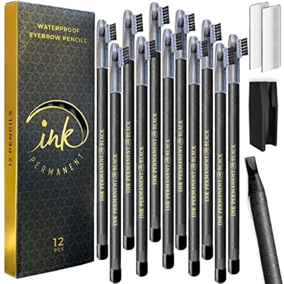 Ink Permanent Waterproof Eyebrow Mapping Pencils, Microblading, and Blades Henna Applications 12 Piece Brow Mapping Peel Off Pencil Set with Shaper/Sharpener & For Marking, Filling & Outlining (Black)