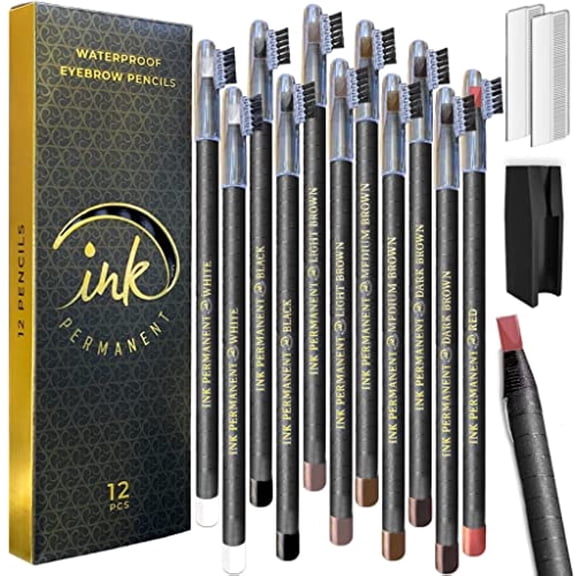 Ink Permanent Waterproof Eyebrow Mapping Pencils, Microblading and Blades Henna Applications 12 Piece Brow Mapping Peel Off Pencil Set with Shaper/Sharpener & For Marking, Filling and Outlining (Mix)