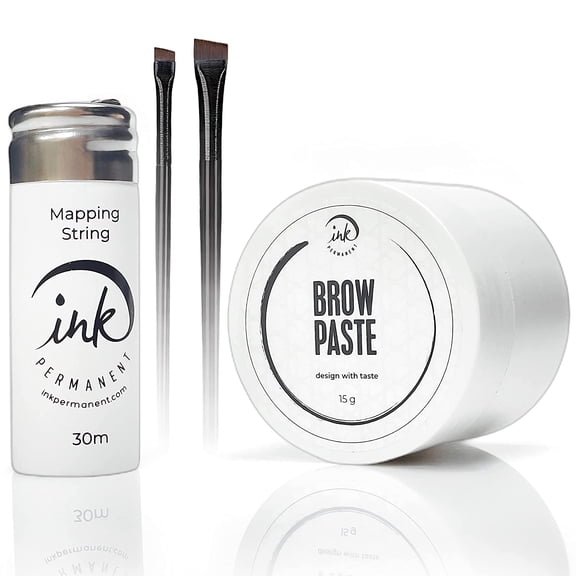 Ink Permanent White Brow Paste, [15g] White Premium Pre-Inked Mapping String [100 Ft Bottle] and 2 Eyebrow Brushes Set for Permanent Makeup and Microblading Brow Shape and Define of Eyebrow and Lips