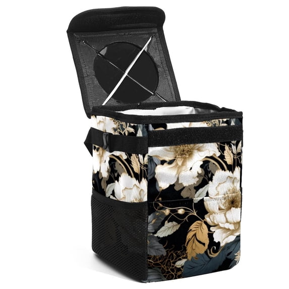 Ink Plants Foldable Car Trash Bin with Lid, Leak-proof Mini Trash Can for Car, Hanging Storage Bag Included