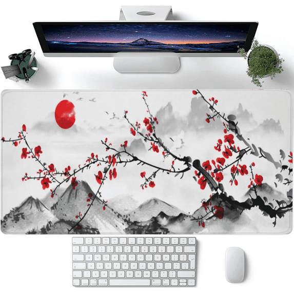 Ink Plum Blossom Mouse Pad - Durable Non - Slip Desk Mat, Extra - Large Soft & Comfortable Mouse Pad - Ergonomic Stitched Desk Mat Ideal for Esports & Office Use