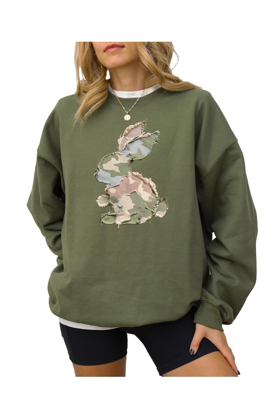 Ink-Printed Camo Bunny Easter Sweatshirt for Women Teens Girls Spring Pullover Army Green Sweatshirt Adult Small