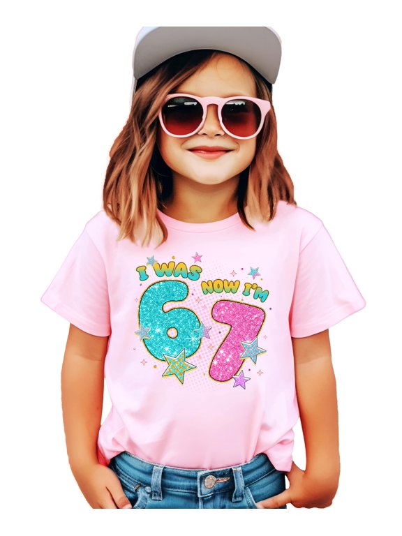 Ink-Printed Glitter I was 6 Now I'm 7 Birthday Shirt for Girls Trendy Six Seven Party T-Shirt Pink Shirt Youth Small