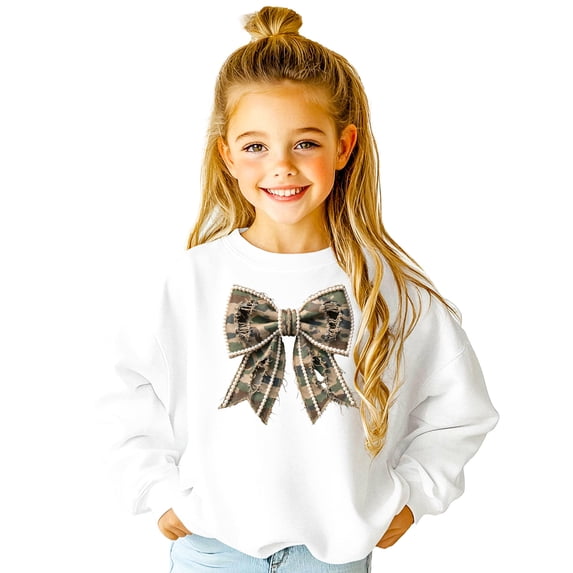 Ink Printed Image NOT Fabric and Pearls Camo Coquette Bow with Pearl Trim Sweatshirt White Sweatshirt Youth XS