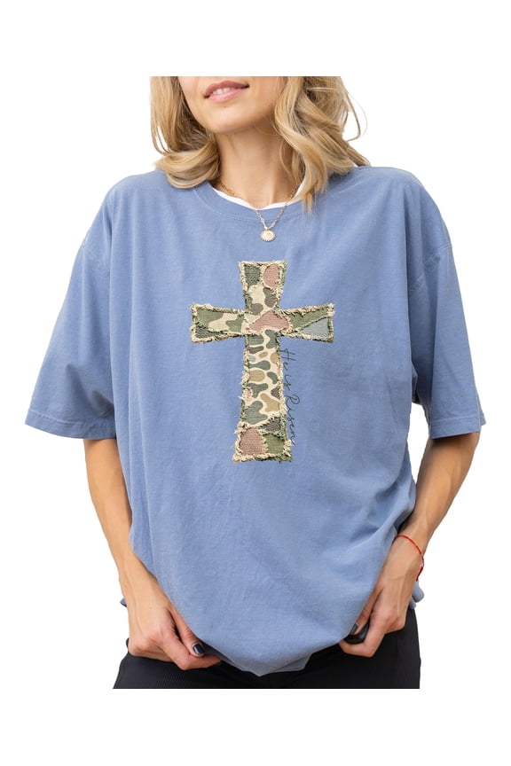 Ink-Printed Image NOT Quilt - He Is Risen Cross Shirt for Women Easter Graphic T-Shirt Blue Jean Shirt Adult Large
