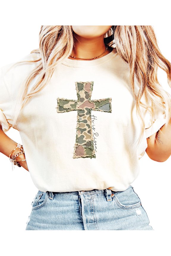 Ink-Printed Image NOT Quilt - He Is Risen Cross Shirt for Women Easter Graphic T-Shirt Ivory Shirt Adult Medium
