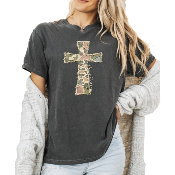 Ink-Printed Image NOT Quilt - He Is Risen Cross Shirt for Women Easter Graphic T-Shirt Pepper Shirt Adult Small