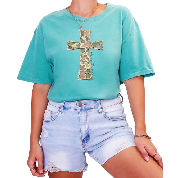 Ink-Printed Image NOT Quilt - He Is Risen Cross Shirt for Women Easter Graphic T-Shirt Seafoam Shirt Adult Medium