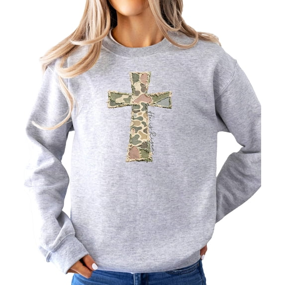 Ink-Printed Image NOT Quilt - He Is Risen Cross Sweatshirt for Women Easter Pullover Gray Sweatshirt Adult Medium