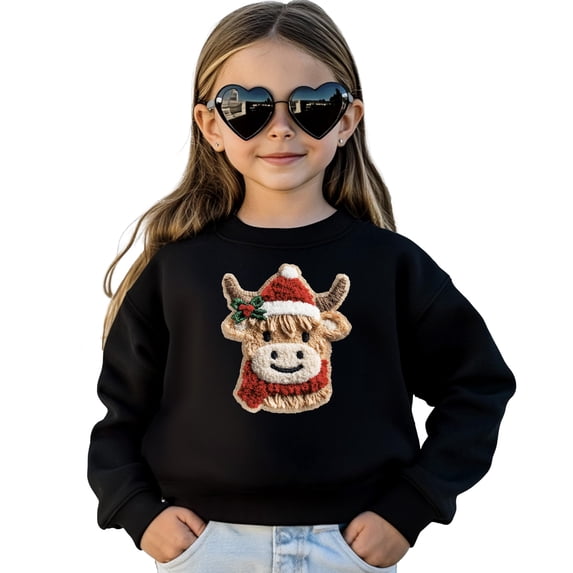 Ink Printed Image NOT a Chenille Patch Cow Sweatshirt for Women, Teens & Kids Faux Yarn Christmas Sweater Black Sweatshirt 2T
