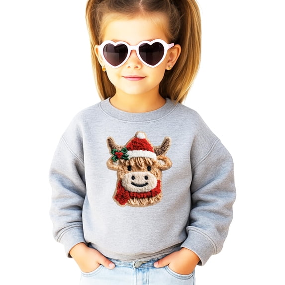 Ink Printed Image NOT a Chenille Patch Cow Sweatshirt for Women, Teens & Kids Faux Yarn Christmas Sweater Gray Sweatshirt Youth Large