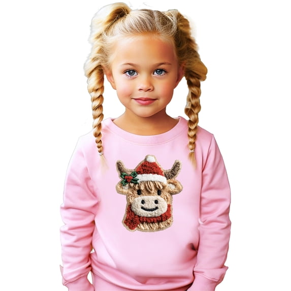 Ink Printed Image NOT a Chenille Patch Cow Sweatshirt for Women, Teens & Kids Faux Yarn Christmas Sweater Pink Sweatshirt 5-6