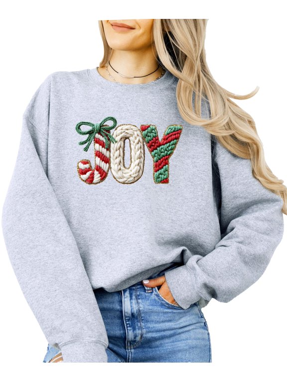 Ink Printed Image NOT a Chenille Patch - Joy Christmas Sweatshirt for Women, Teens & Kids Gray Sweatshirt Adult Small
