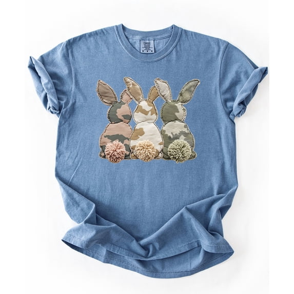 Ink Printed Image NOT a Quilt Patch - Camo Bunny Trio Easter Graphic Tee Blue Jean Shirt Adult Large