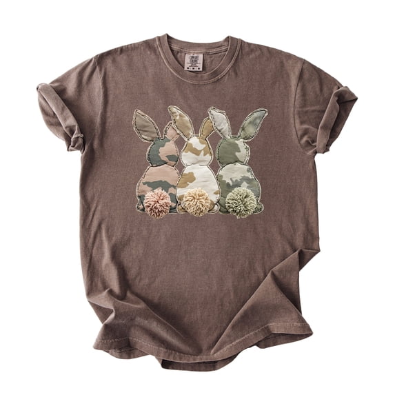 Ink Printed Image NOT a Quilt Patch - Camo Bunny Trio Easter Graphic Tee Espresso Shirt Adult Medium