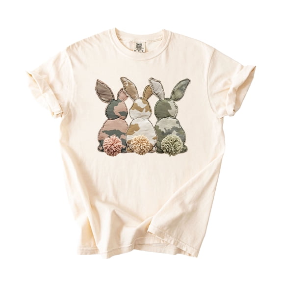Ink Printed Image NOT a Quilt Patch - Camo Bunny Trio Easter Graphic Tee Ivory Shirt Adult Large
