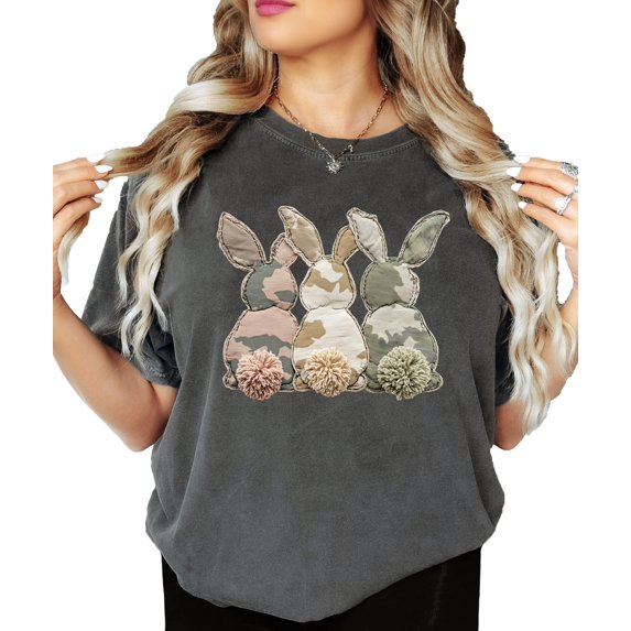 Ink Printed Image NOT a Quilt Patch - Camo Bunny Trio Easter Graphic Tee Pepper Shirt Adult Medium