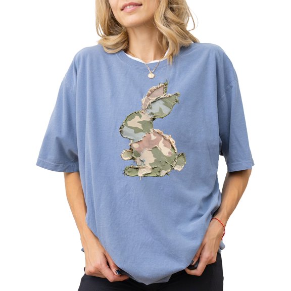 Ink Printed Image NOT a Quilt Patch- Camo Patch Easter Bunny Shirt for Women Blue Jean Shirt Adult Large